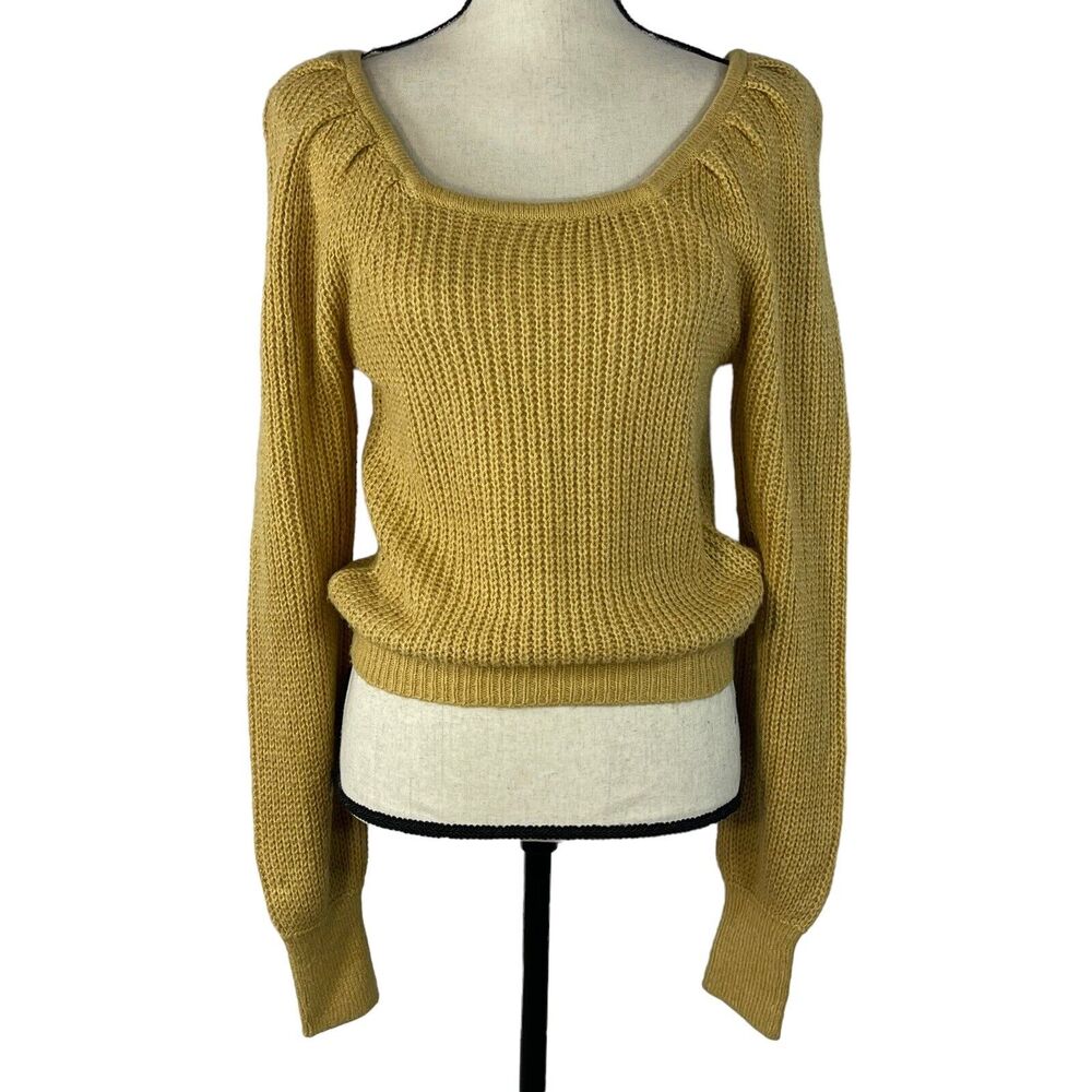 And Now This Small Crop Sweater Square Neck Long Puff Sleeves Stretch Curry New